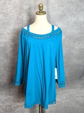 NWT Soft Surroundings Ava Top Plus 1X Fjord Blue Crochet Trim Cold Shoulder Boho